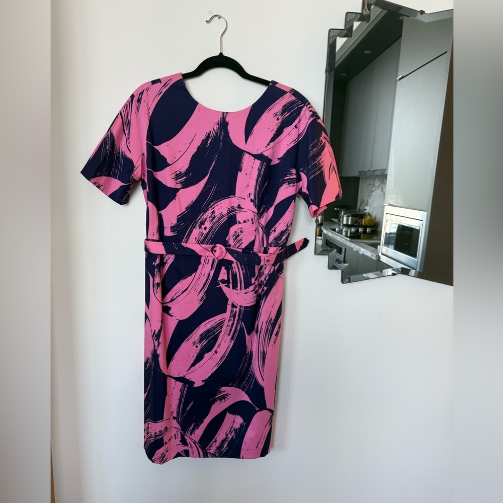 Marimekko Pink and Navy Abstract Belted Midi Dress